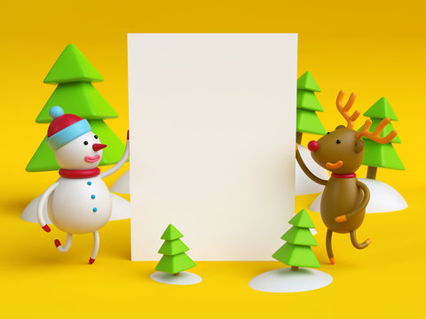 3d cartoon snowman and deer holding blank page, Christmas banner, message, holiday background, greeting card