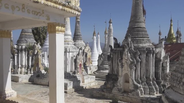 Walking in Shwe Inn Thein Paya temple complex near Inle Lake in central Myanmar (Burma), 4k
