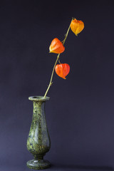 Obraz premium Orange flowers in a green vase on black background