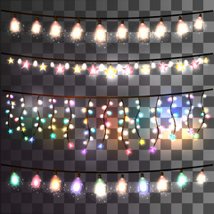 Festive lights garland on a transparent background. All light effects isolated and grouped.
