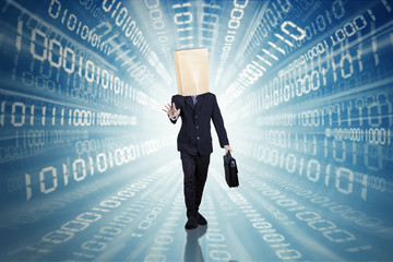 Businessman walking with binary code