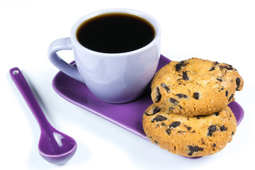 Purple coffee cup with saucer and spoon isolated on white background