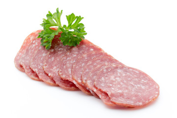 Salami smoked sausages slices isolated on white background.