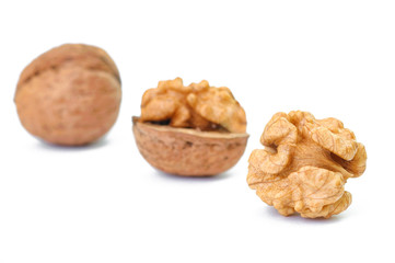 Walnut and walnut kernel isolated on the white background.