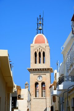View of the cathedral bell tower (Megalos Antonios church), Rethymno, Crete, Greece.
