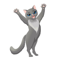 Cartoon grey cat raising hands