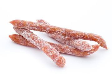 Smoked sausage salami isolated on a white background.