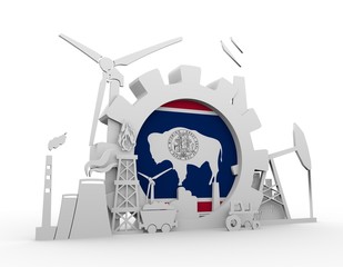 Energy and Power icons set with Wyoming flag. Sustainable energy generation and heavy industry. 3D rendering.