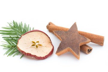 Christmas spices. Apple, anise, stars, cinnamon, pine. Isolated