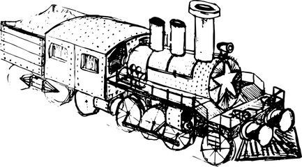 Old steam locomotive. Hand-drawn image on white background