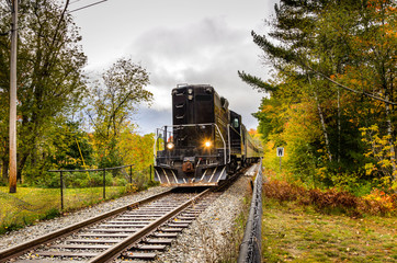 Fototapeta na wymiar Black Diesel Locomotive on a Cloudy Autumn Day