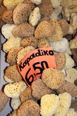 Natural sponges for sale in the old town, Rethymno, Crete, Greece.
