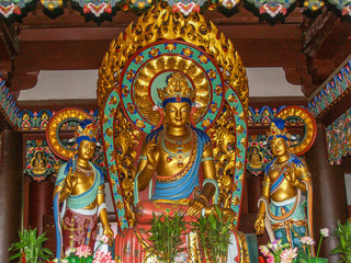 Fototapeta na wymiar Buddha colorful statues at Hainan park Nanshan