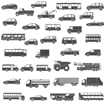 Set Of Black Silhouette Car, Bus and Truck Icons. Isolated Vector Illustration