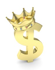 Isolated golden dollar sign with crown on white background. American currency. Concept of investment, american market, savings. Power, luxury and wealth. Crown with gems. 3D rendering. - 127585517