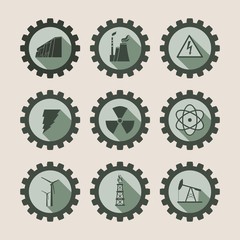 Energy and Power icons set. Sustainable energy generation and heavy industry. Silhouettes with long shadows. Vector illustration