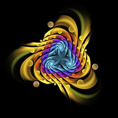 Abstract fantasy multicolored swirl on black background. Computer-generated fractal in orange, yellow, green, blue, rose and violet colors.