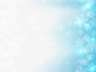 Christmas background with blue and white snowflakes in various styles. Abstract Vector Illustration.
