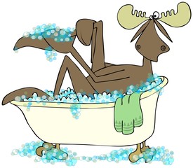 Illustration of a bull moose soaking in a tub full of bubbly water.