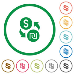 Dollar new Shekel exchange flat icons with outlines