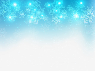 Christmas background with blue and white snowflakes in various styles. Abstract Vector Illustration.
