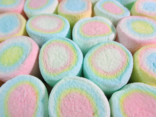 Closed up Pastel Pink, Blue, Yellow Colored Marshmallows, Texture, Banner, Background 