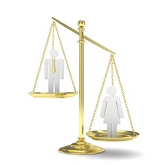 Isolated old fashioned pan scale with man and woman on white background. Gender inequality. Female is heavier. Law issues. Silver model. 3D rendering.