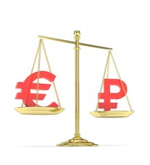 Isolated golden scales with red euro and ruble currency. Russian and european finance. Measuring of market stability. 3D rendering.