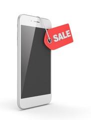 White smart phone with red sale label on white background. Best offer. Leader of sales. 3D rendering.