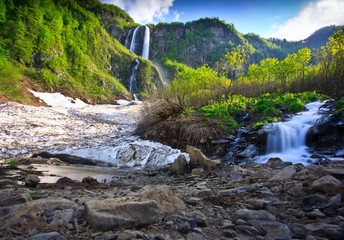 Fototapeta na wymiar Long Exposure image of a Waterfall . in Caucasus mountains, Krasnodar krai, Russia