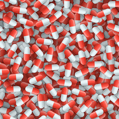 Seamless pattern with white and red medical capsules. Pharmacology vector illustration with pharmaceuticals. Medicine background for wrapping of pills or drugs. Pharmacy design.