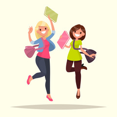 Happy students girls  jumping for joy. Vector illustration in a