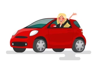 Rolgordijnen Rijden op de machine. Gelukkig blonde vrouw rijdt in de auto. Vecto © tynyuk