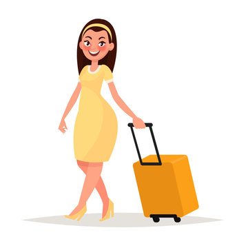 Pretty girl with luggage  in the airport. Vector illustration in