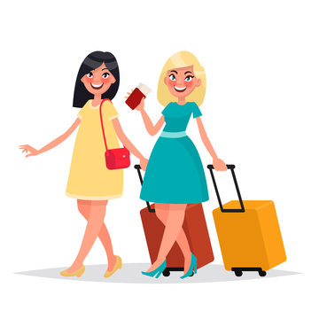 Two friends women with luggage are gone to travel by plane. Vect