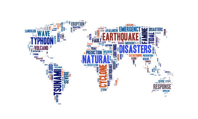 Natural disasters word cloud in the shape of the Earth,  background