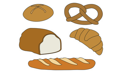 Schlichte Gebäck Illustration - Brötchen, Brezel, Brot, Baguette, Croisssant