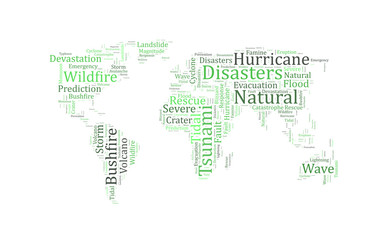 Natural disasters word cloud in the shape of the Earth,  background