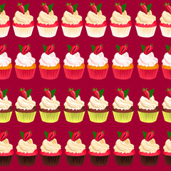 Strawberry cupcake seamless vector. Cupcakes on pink background. Tasty food.