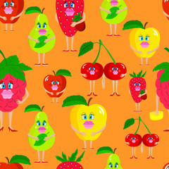 Seamless cute lady fruits. Seamless cool cartoon fruits on orange background.