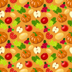 Seamless illustration of harvest fruits and vegetables. Thanksgiving background. Autumn seasonal seamless vector illustration.