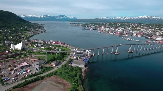 Aerial footage from Bridge of city Tromso, Norway aerial photography. Tromso is considered the northernmost city in the world with a population above 50,000.