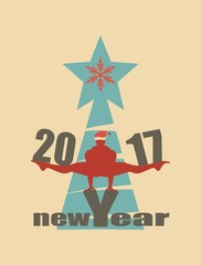 Christmas and New Year. Vector greeting card. Man balanced on new year text