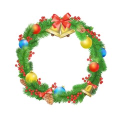 Festive Christmas wreath with balls, bells, mistletoe, tree cone and bow.