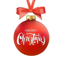 Red Merry Christmas ball with ribbon and a bow, hand drawn lettering. Isolated on white background. Vector illustration.