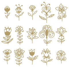 Set of gold hand drawn doodle fantasy flowers isolated on white background. Collection of floral elements. Vector illustration.