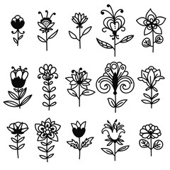 Set of black thin line hand drawn doodle fantasy flowers isolated on white background. Floral collection of elements, icons. Vector illustration.