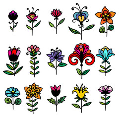 Set of colorful hand drawn doodle fantasy flowers with black outline isolated on white background. Vector illustration.