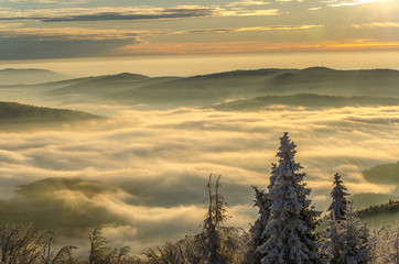 Obraz premium Wschód słońca z Jaworzyny Krynickiej 1114 m.n.p.m ,Beskid Sądecki,małopolska.