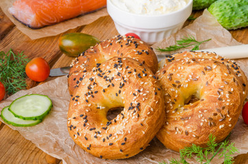 Homemade bagels with ingredients for making sandwich